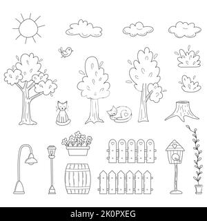 A set of outline trees, clouds, cats, bushes in sketch doodle style. Collection of hand-drawn black and white vector illustrations isolated on a white Stock Vector