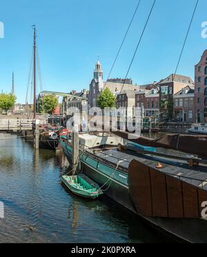 Historic ships at the outport, Pilgrim-father-church, Delfshaven - Rotterdam,  Zuid-Holland, Netherlands, city, village, water, summer, ships, boat, Stock Photo