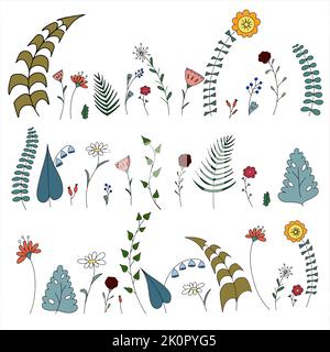 Doodle meadow flowers and leafs set. Colores vector floral icons Stock Vector
