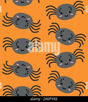 Vector seamless pattern of hand drawn flat cute spider isolated on orange background Stock Vector