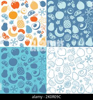 Colorful winter seasonal fruits seamless pattern. Isolated fruits on white background. Colorful, flat silhouette and doodle style. Vector illustration Stock Vector