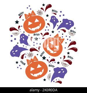 Halloween pumpkins with text and symbols of cobwebs and bats. Color Vector Illustration. Stock Vector