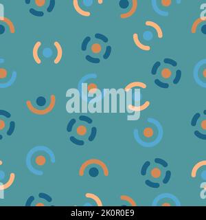 seamless repeating colorful pattern with circular shapes randomly  scattered across a blue square background Stock Vector