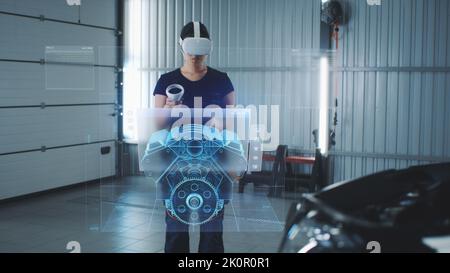 Car service manager uses virtual reality with futuristic augmented ...