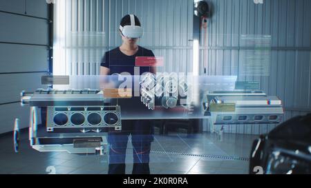 Car service manager uses virtual reality with futuristic augmented ...