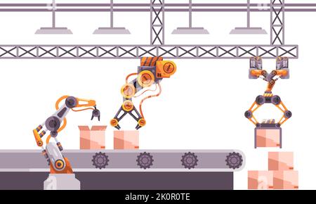 Automated distribution warehouse box product assembly line with robot arm holding cardboard Stock Vector