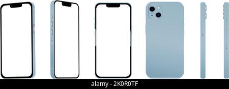 Set of 6 pcs different angles, Blue smartphone 14 models, new IT industry, mockup for web design on a white background - Vector illustration Stock Vector