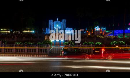 The Cathedral of Mary Help of Christians in Shillong, Meghalaya, India, decorated with fluorescent lights for the Christmas season. Stock Photo