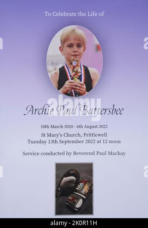 The Order of Service before the funeral of 12-year-old Archie Battersbee at St Mary's Church, Prittlewell, Southend-on-Sea, Essex. The young boy, who was at the centre of a life-support treatment fight during the summer, died on August 6. Picture date: Tuesday September 13, 2022. Stock Photo