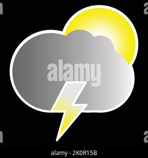 Grey clouds with sun and lightning bolt weather flat icon isolated on a black square background Stock Vector