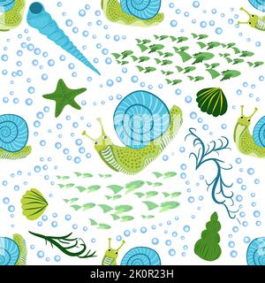 Snail, sea inhabitants seamless pattern, beautiful character among seashells, seaweed, starfish, sea animals of wildlife. Stock Vector
