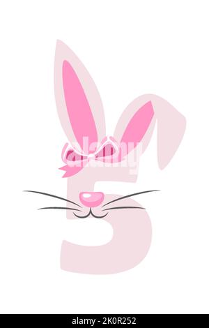 Funny bunny number 5 for kids. Five digit in the form of a rabbit. Learn to count Stock Vector