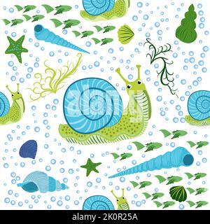 Snail, sea inhabitants seamless pattern, beautiful character among seashells, seaweed, starfish, sea animals of wildlife. Stock Vector