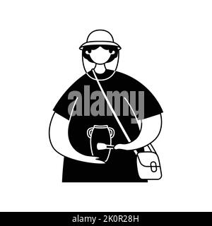 Vector illustration of an archaeologist with an antique vase in his hands. Professions. Outline Stock Vector