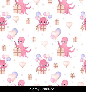Seamless pattern with octopuses. Cute children's octopus character. Children's textiles. Seamless ornament for babies. Stock Vector