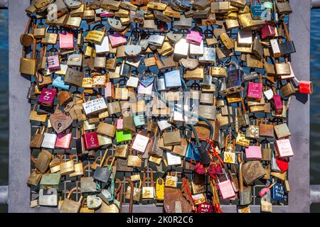 Helsinki, Finland - June 26, 2017: Love locks on the railings in Helsinki Stock Photo