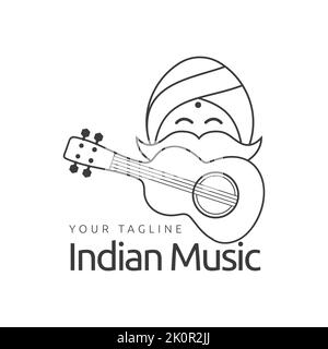 Indian smiling face man logo cartoon illustration design,guitar symbol,circular turban vector icon Stock Vector