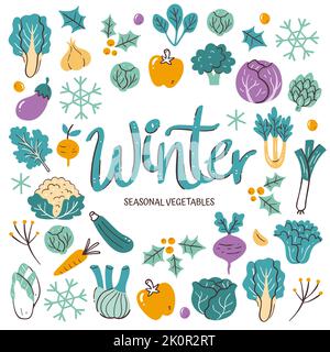Seasonal vegetables background. Winter vegetables composition made of colorful hand-drawn vector icons, isolated on white background. Stock Vector