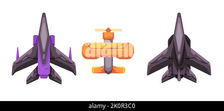 Jet fighter and front propeller airplane aircraft top view in colorful graphic game asset collection Stock Vector