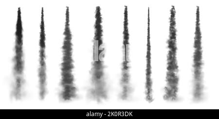 Realistic missile or bullet trail. Airplane condensation trails, jet aircraft tracks. Space rocket launch. Black smoke clouds, explosion. Steam flow Stock Vector