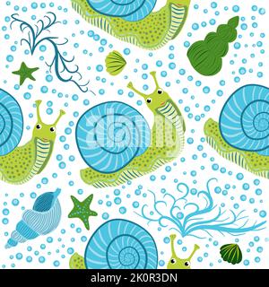 Snail, sea inhabitants seamless pattern, beautiful character among seashells, seaweed, starfish, sea animals of wildlife. Stock Vector
