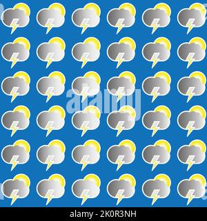 Grey cloud together with lightning bolt and hidden sun weather flat icon repeating seamless pattern design isolated on a blue square background Stock Vector