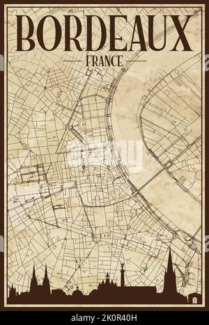 Framed downtown streets network printout map of BORDEAUX, FRANCE Stock Vector