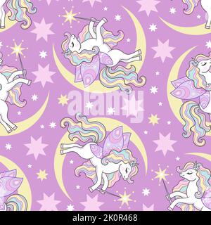 Seamless pattern with unicorns and crescent moon on a lilac background. For kids design wallpaper, fabric, backgrounds, wrapping paper and so on. Vect Stock Vector