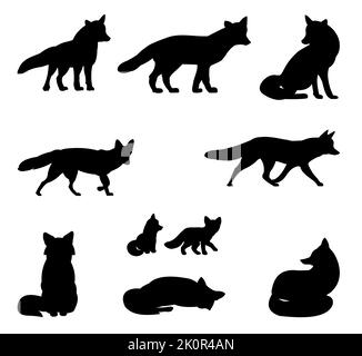 Fox set. Adults and foxes. Animal silhouette. Wild life picture. Isolated on white background. Vector. Stock Vector