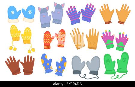 Winter gloves and mittens set icon. Cute fashion design isolated white and hand winter clothing vector illustration. Cartoon colorful fabric season te Stock Vector