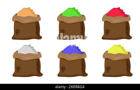 A set of sacks with Indian spices of different colors. Ingredients for food and herbs plants in bags icons. Cartoon powder in bags isolated on white b Stock Vector
