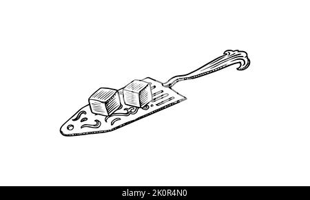 Absinthe spoons for sugar cube. Scraper for kitchen. Hand drawn. Vintage engraved sketch.  Stock Vector