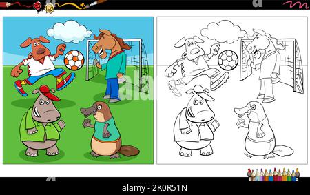 Cartoon illustration of animal characters group playing soccer coloring page Stock Vector