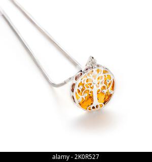 Amber jewellery set in a variety of different fittings from Octopus to bees. 925 silver.  Shot on white backgrounds. Stock Photo