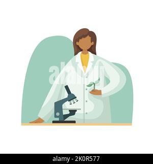 Vector illustration of a biologist in a white coat studying a plant under a microscope. Professions. Flat style Stock Vector