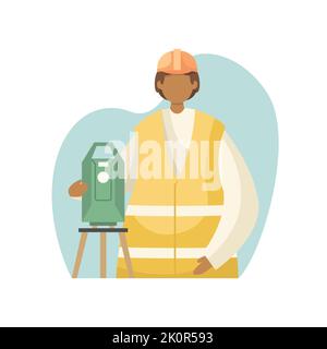 Vector illustration of a surveyor in uniform with a theodolite on a tripod. Professions. Stock Vector