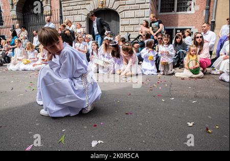 Kids seen dressed in white dresses during the procession. Corpus Christi - liturgical celebration in the Catholic Church in honor of Jesus Christ in the Blessed Sacrament. A procession of believers passed through the streets of Gda?sk. Stock Photo