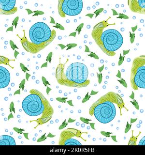 Snail, sea inhabitants seamless pattern, beautiful character among seashells, seaweed, starfish, sea animals of wildlife. Stock Vector