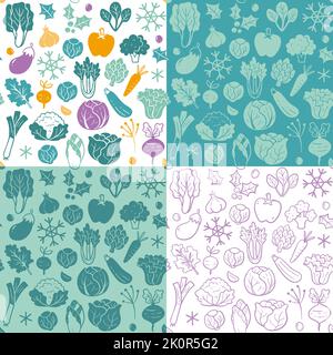 Winter seasonal vegetables seamless pattern collection. Colorful, flat silhouette and doodle style.  Isolated vegetables on white background. Vector i Stock Vector