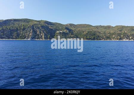 Amazing panorama of Mount Athos in Autonomous Monastic State of the Holy Mountain, Chalkidiki, Greece Stock Photo