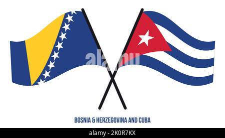 Bosnia & Herzegovina and Cuba Flags Crossed And Waving Flat Style. Official Proportion Colors. Stock Vector