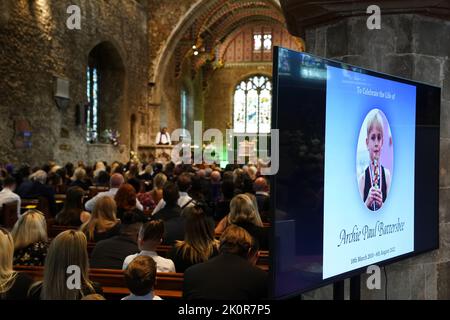 General view of the funeral of 12-year-old Archie Battersbee at St Mary's Church, Prittlewell, Southend-on-Sea, Essex. The young boy, who was at the centre of a life-support treatment fight during the summer, died on August 6. Picture date: Tuesday September 13, 2022. Stock Photo