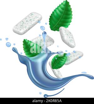 Realistic chewing gum. 3D splashes juice and water with bubblegum refreshing pads with menthol flavor. Fresh mint leaves. Liquid sprays. Spearmint Stock Vector