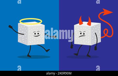 Bad and good sugar and comparison of the usefulness of cartoon sugar in food. Good helpful angel character vs bad sugar devil. Healthy or tasty food i Stock Vector