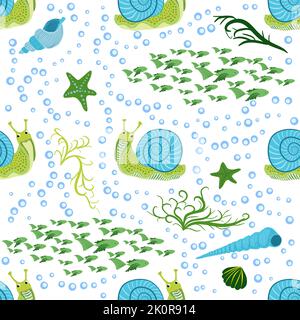 Snail, sea inhabitants seamless pattern, beautiful character among seashells, seaweed, starfish, sea animals of wildlife. Stock Vector