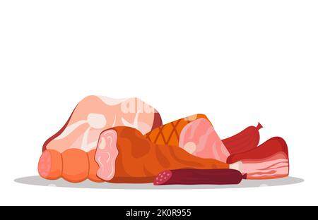Banner of meat and deli meats. Farm beef and sausages with ham isolated on white background. Collection of delicious food and meat products for the ma Stock Vector