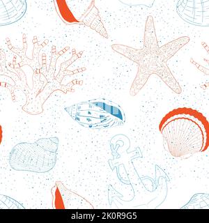 The hand drawn blue and red seashells on a white background Stock Vector