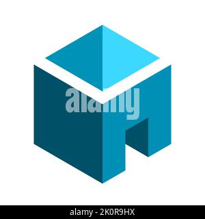 Blue geometric cube house with a roof. 3D box shape with an open door. Construction, building, architecture logo template. Room interior design.Vector Stock Vector