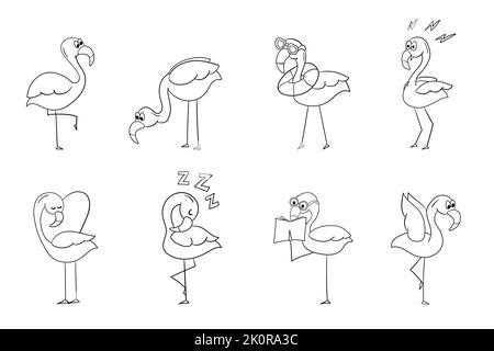 Set of flamingos, outline vector cartoon illustration on white. Coloring book. Cute cartoon bird Stock Vector