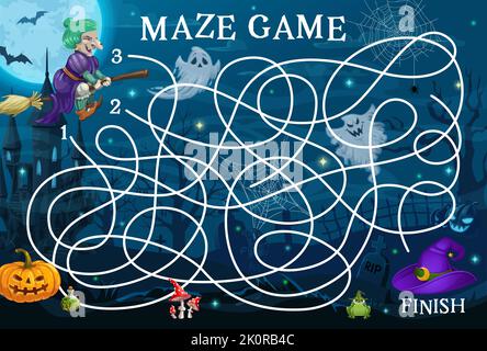 Halloween labyrinth maze. Help to witch to find her hat. Children labyrinth riddle or kids puzzle vector worksheet with Halloween witch on broom, cemetery ghosts and Jack o lantern pumpkin, castle Stock Vector